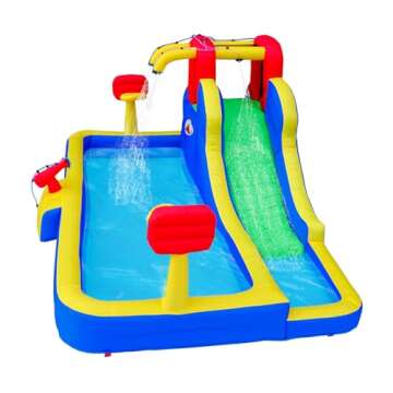 WELLFUNTIME Inflatable Water Park with Blower, Bouncy Castle with Water Cannon and Double Basketball Rings