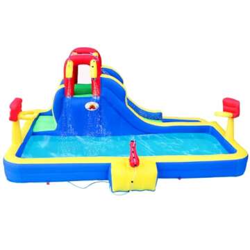 WELLFUNTIME Inflatable Water Park with Blower, Bouncy Castle with Water Cannon and Double Basketball Rings