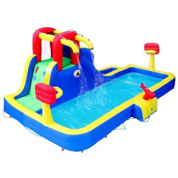 WELLFUNTIME Inflatable Water Park with Blower, Bouncy Castle with Water Cannon and Double Basketball Rings