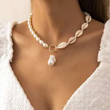 Uunuuo Sea Shell Necklace for Women Gold Shell Pendant Necklace Layered Shell Necklaces Summer Necklace Surfer Beach Necklace Summer Stuff