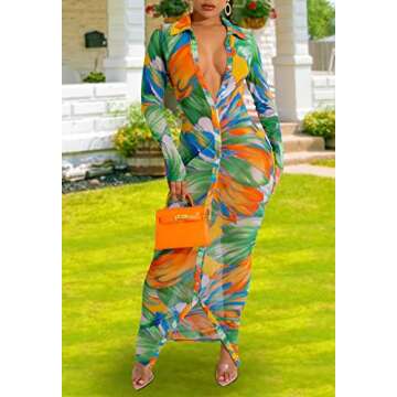 Women's Sheer Mesh Long Sleeve Bodycon Dress Club Night Out Dresses Beach Cover Up Dress