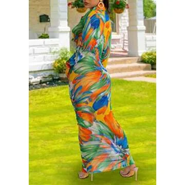 Women's Sheer Mesh Long Sleeve Bodycon Dress Club Night Out Dresses Beach Cover Up Dress