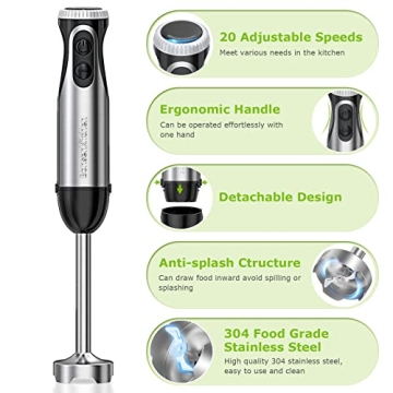 Bonsenkitchen Immersion Handheld Blender with Whisk, 20-Speed & Turbo Mode Hand Blender Stick 500W, 304 Stainless Steel Hand Blender for Soup, Smoothie, Puree, Baby Food