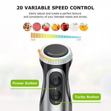 Bonsenkitchen Immersion Handheld Blender with Whisk, 20-Speed & Turbo Mode Hand Blender Stick 500W, 304 Stainless Steel Hand Blender for Soup, Smoothie, Puree, Baby Food