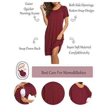 Ekouaer Womens, Nursing Nightgown Nightshirt, Short Sleepwear Dress, Maternity Gown, Wine Red, Small