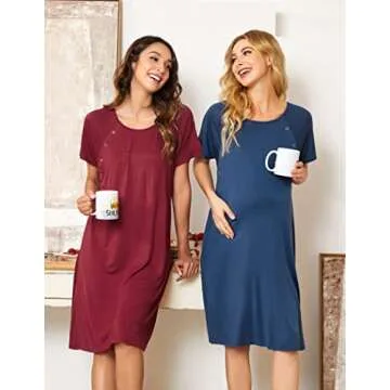 Ekouaer Womens, Nursing Nightgown Nightshirt, Short Sleepwear Dress, Maternity Gown, Wine Red, Small
