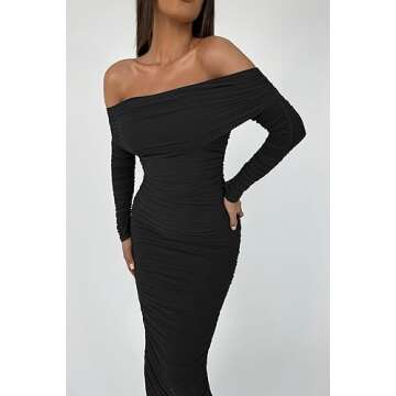PRETTYGARDEN Women's Fall Off Shoulder Maxi Bodycon Dress Long Sleeve Ruched Fitted Club Dresses with Slit (Black,Medium)