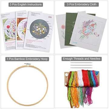 LoveBB 3 Pack Stamped Embroidery Starter Kit with Pattern Including 3Pcs Embroidery Cloth,1Pcs Embroidery Hoop,Color Threads Tools Kit