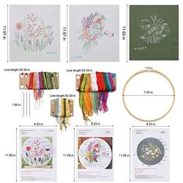 LoveBB 3 Pack Stamped Embroidery Starter Kit with Pattern Including 3Pcs Embroidery Cloth,1Pcs Embroidery Hoop,Color Threads Tools Kit