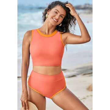 Pink Queen High Waisted Bikini for Women Tummy Control Bottoms Push Up Crop Top 2 Piece Sporty Bathi...