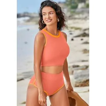 Pink Queen High Waisted Bikini for Women Tummy Control Bottoms Push Up Crop Top 2 Piece Sporty Bathing Suits Orange L