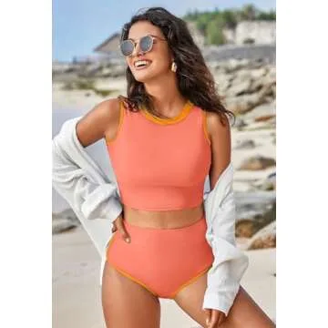 Pink Queen High Waisted Bikini for Women Tummy Control Bottoms Push Up Crop Top 2 Piece Sporty Bathing Suits Orange L