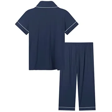Joyaria Women Viscose Made from Bamboo Pajama Cooling Moisture Wicking Capri Ultra Soft Comfy Pjs Set Hot Flash Navy Blue XL