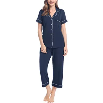 Joyaria Women Viscose Made from Bamboo Pajama Cooling Moisture Wicking Capri Ultra Soft Comfy Pjs Set Hot Flash Navy Blue XL