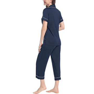 Joyaria Women Viscose Made from Bamboo Pajama Cooling Moisture Wicking Capri Ultra Soft Comfy Pjs Set Hot Flash Navy Blue XL