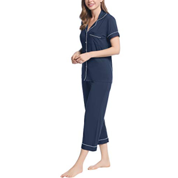Joyaria Women Viscose Made from Bamboo Pajama Cooling Moisture Wicking Capri Ultra Soft Comfy Pjs Set Hot Flash Navy Blue XL