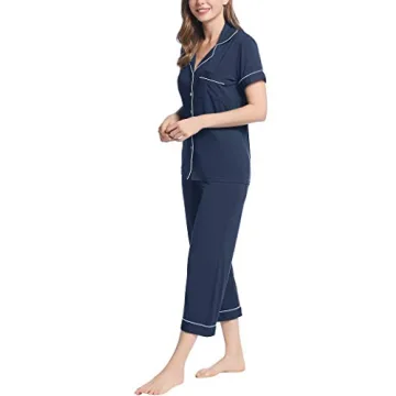 Joyaria Women Viscose Made from Bamboo Pajama Cooling Moisture Wicking Capri Ultra Soft Comfy Pjs Set Hot Flash Navy Blue XL