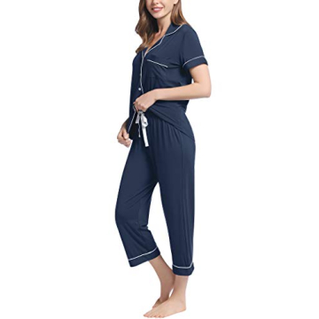 Joyaria Women Viscose Made from Bamboo Pajama Cooling Moisture Wicking Capri Ultra Soft Comfy Pjs Set Hot Flash Navy Blue XL
