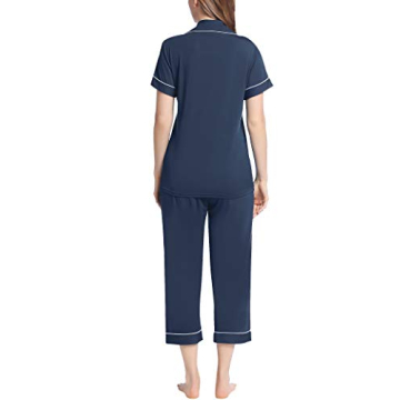 Joyaria Women Viscose Made from Bamboo Pajama Cooling Moisture Wicking Capri Ultra Soft Comfy Pjs Set Hot Flash Navy Blue XL
