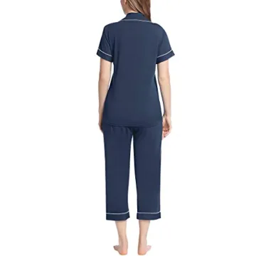 Joyaria Women Viscose Made from Bamboo Pajama Cooling Moisture Wicking Capri Ultra Soft Comfy Pjs Set Hot Flash Navy Blue XL