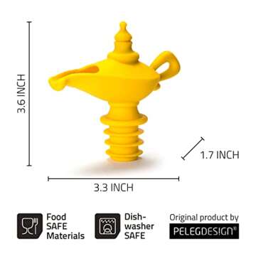 Peleg Design Oiladdin Oil Pourer and Stopper, Silicone Oil Pour Spout for Olive Oil, Aladdin Lamp Design Oil Dispenser Bottle Stopper, 8x9x4.5 cm, Yellow