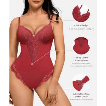 FeelinGirl Shapewear Tummy Control Body Suits for Womens Red Lace Bodysuit Sexy Thong Shapewear Slimming Bodysuits V Neck Corset Body Shaper Backless Lingerie Shapewear Tops Plus Size