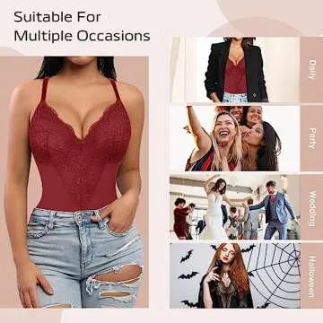 FeelinGirl Shapewear Tummy Control Body Suits for Womens Red Lace Bodysuit Sexy Thong Shapewear Slimming Bodysuits V Neck Corset Body Shaper Backless Lingerie Shapewear Tops Plus Size