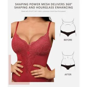 FeelinGirl Shapewear Tummy Control Body Suits for Womens Red Lace Bodysuit Sexy Thong Shapewear Slimming Bodysuits V Neck Corset Body Shaper Backless Lingerie Shapewear Tops Plus Size