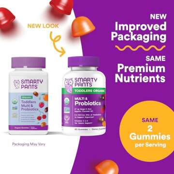 SmartyPants Organic Toddler Multivitamin Gummies: Probiotics, Omega 3 (ALA), Vitamin D3, C, Vitamin B12, B6, Vitamin A, K & Zinc, Gluten Free, Three Fruit Flavors, 60 Count (30 Day Supply)