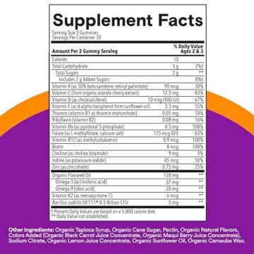 SmartyPants Organic Toddler Multivitamin Gummies: Probiotics, Omega 3 (ALA), Vitamin D3, C, Vitamin B12, B6, Vitamin A, K & Zinc, Gluten Free, Three Fruit Flavors, 60 Count (30 Day Supply)