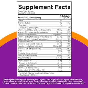 SmartyPants Organic Toddler Multivitamin Gummies: Probiotics, Omega 3 (ALA), Vitamin D3, C, Vitamin B12, B6, Vitamin A, K & Zinc, Gluten Free, Three Fruit Flavors, 60 Count (30 Day Supply)