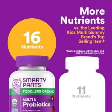 SmartyPants Organic Toddler Multivitamin Gummies: Probiotics, Omega 3 (ALA), Vitamin D3, C, Vitamin B12, B6, Vitamin A, K & Zinc, Gluten Free, Three Fruit Flavors, 60 Count (30 Day Supply)