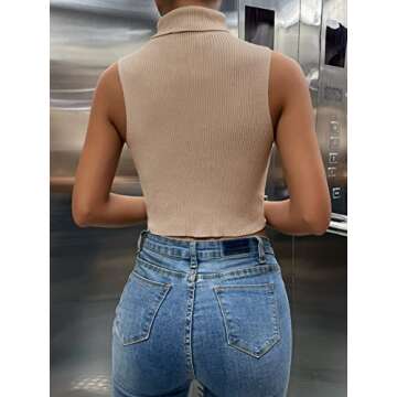 Milumia Women's Rib Knit Turtle Neck Sleeveless Asymmetrical Hem Crop Tank Tops Apricot Small