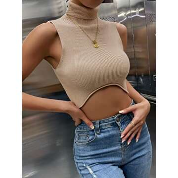 Milumia Women's Rib Knit Turtle Neck Sleeveless Asymmetrical Hem Crop Tank Tops Apricot Small