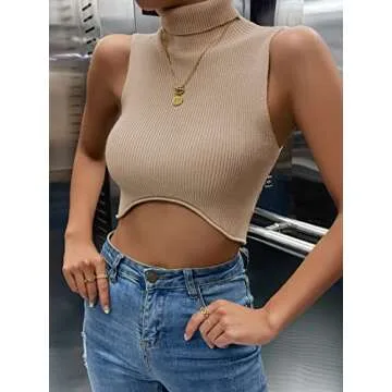 Milumia Women's Rib Knit Turtle Neck Sleeveless Asymmetrical Hem Crop Tank Tops Apricot Small