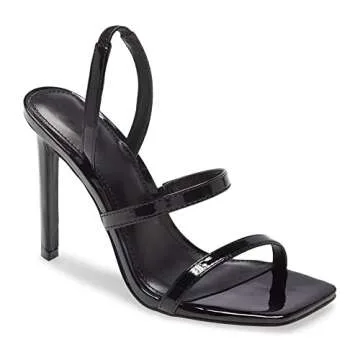 Reoplty Black Heels Sandals for Women Slingback Open Square Toe Stilettos Elastic Strappy Dressy Wedding Shoes