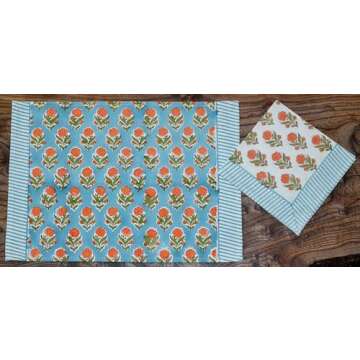 Generic Tiger Marigolds 100% Cotton Indian Block Print Placemats and Napkins Set, 6 Mats (19x13 inches), 6 Napkins (16x16 inches), Vibrant Colors, Washable, Blue Orange White, TGMGP6