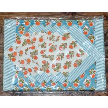 Generic Tiger Marigolds 100% Cotton Indian Block Print Placemats and Napkins Set, 6 Mats (19x13 inches), 6 Napkins (16x16 inches), Vibrant Colors, Washable, Blue Orange White, TGMGP6