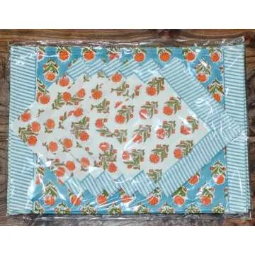 Generic Tiger Marigolds 100% Cotton Indian Block Print Placemats and Napkins Set, 6 Mats (19x13 inches), 6 Napkins (16x16 inches), Vibrant Colors, Washable, Blue Orange White, TGMGP6