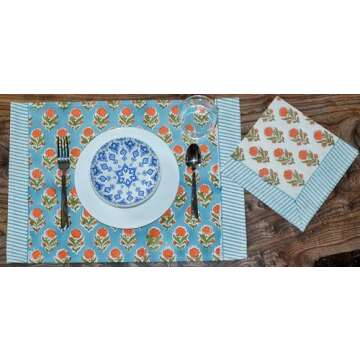 Generic Tiger Marigolds 100% Cotton Indian Block Print Placemats and Napkins Set, 6 Mats (19x13 inches), 6 Napkins (16x16 inches), Vibrant Colors, Washable, Blue Orange White, TGMGP6