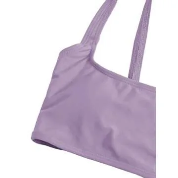 SweatyRocks Women's Swimwear Set Solid Square Neck High Waisted Bikini Swimsuits Purple L