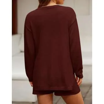 ZESICA Women's Two Piece Sweater Lounge Sets 2024 Fall Casual Knit Trendy Tunic and Shorts Outfits Red Brown S