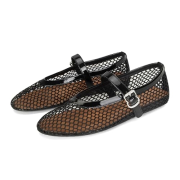 DOEYG Black Mesh Ballet Flats for Women Round Toe Mesh Flats Ballerina Shoes Buckle Strap Mesh Mary ...