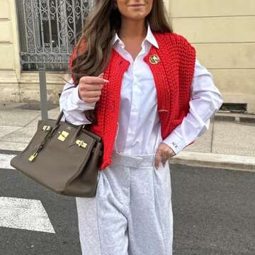 Hixiaohe Womens Crochet Chunky Knit Top Sleeveless Button Down Crop Tops Trendy Cardigan Sweater Vest for Women with Pockets(Red,L)