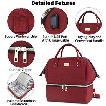 Weitars Lunch Bag for Women,Lunch Backpack Women Lunch Bag For Work Insulated Dual Compartment Lunch Box,Wide-Open Lunch Tote Cooler Purse with Shoulder Strap,For Picnic Hiking