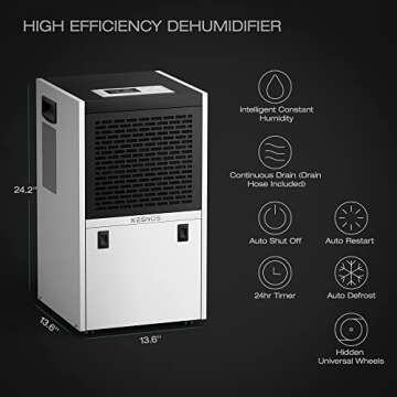 Kesnos 155 Pint Commercial Dehumidifier with 6.56 ft Drain Hose and 1.32 Gallon Water Tank for Space up to 7500 Sq. Ft - 24 Hr Timer Ideal for Basements, Industrial or Commercial Spaces and Job Sites