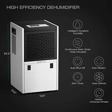 Kesnos 155 Pint Commercial Dehumidifier with 6.56 ft Drain Hose and 1.32 Gallon Water Tank for Space up to 7500 Sq. Ft - 24 Hr Timer Ideal for Basements, Industrial or Commercial Spaces and Job Sites