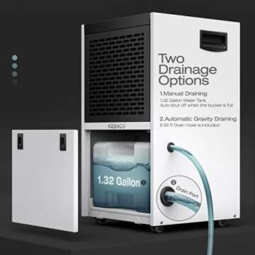 Kesnos 155 Pint Commercial Dehumidifier with 6.56 ft Drain Hose and 1.32 Gallon Water Tank for Space up to 7500 Sq. Ft - 24 Hr Timer Ideal for Basements, Industrial or Commercial Spaces and Job Sites