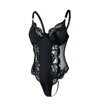 Lilosy Sexy Leather Underwire Push Up Floral Lace Sheer Babydoll Lingerie Women Teddy Bodysuit Nightgown Nightshirt One Piece Latex Black Medium