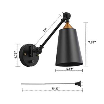 Pauwer Industrial Plug in Wall Sconces Set of 2 with On Off Switch Vintage Edison Swing Arm Wall Lamp Black Metal Shade Wall Light Fixtures